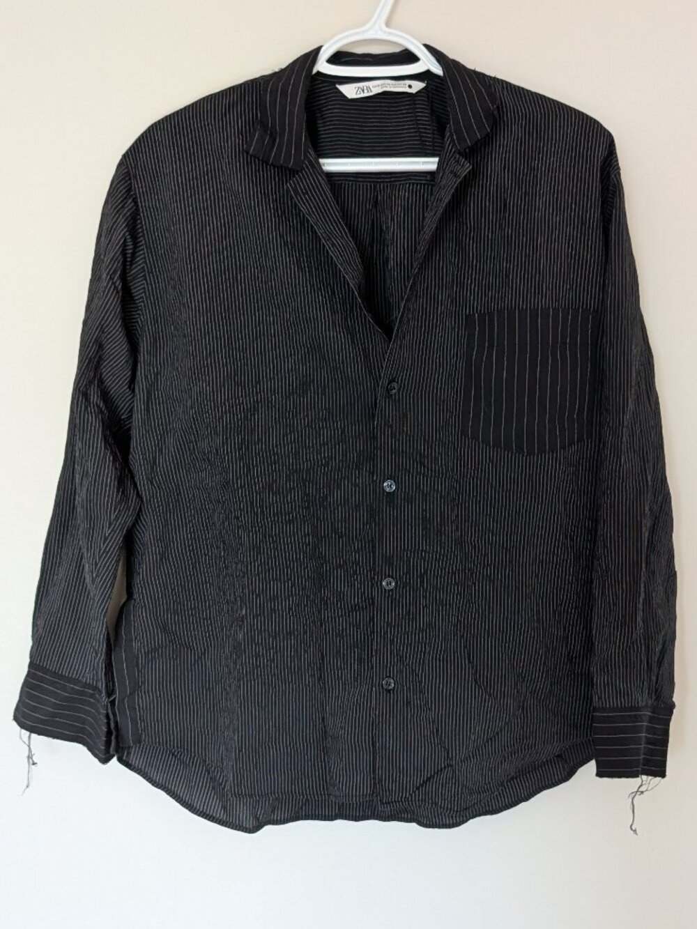 Zara Black Pinstripe Button-Up Shirt XS | Relaxed Fit Collared Blouse